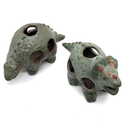 M2cbridge Aquarium Ceramic Cave Rock for Betta Shrimp Cichlid Fish Hideout Decor (Small Dinosaur 2pcs)