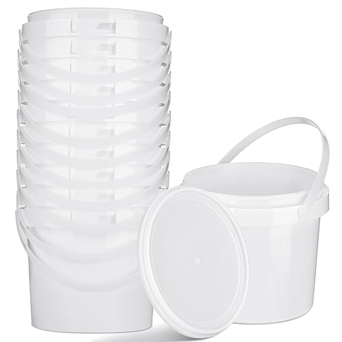 Gerrii 10 Pack White Plastic Bucket with Handle and Lid Food Storage Bucket Containers All Purpose Pail for Multipurpose Paint Water Art Crafts Projects Garage Organization (White,1.5 Quart) - color: White, size: 1.5 Quart