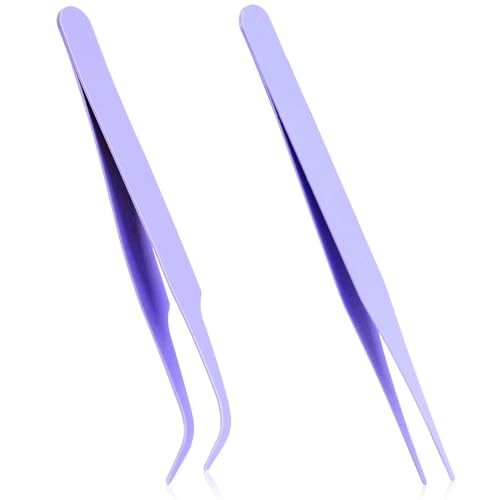 Lash Tweezers Kit - 2 Pcs Stainless Steel Eyelash Tweezers Straight and Curved Tip for Eyelash Extensions, DIY Crafts, Nail Art, Scrapbooking, Jewelry Making - color: Purple