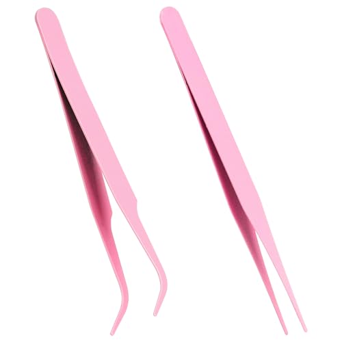 Stainless Steel Sticker Tweezers Kit - 2 PCS Multipurpose Straight and Curved Tip Tweezers for DIY, Jewelry Making, Cardmaking, Scrapbooking, Model Crafting - color: Pink