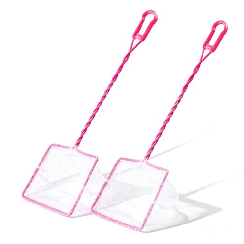 (14.5''L,Net Opening:4.1" x 3.3") Aquarium Fishing Net for Betta Tanks & Small Fish Tanks, Soft Fine Square Mesh, Food Wastes Skimmer for Small Ponds and Pools, Shrimp,Pink - color: Pink