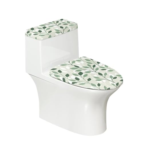 Polyester Toilet Lid Cover and Toilet Tank Lid Cover 2 Pcs, Durable Fabric Dust Cover with Elastic Edge Bathroom Decor Fit Most Round Elongated Oblong Lids, Green Leaves - color: Green Leaves