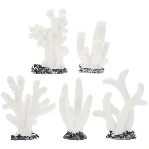 FOMIYES Fish Tank Decorations - 5pcs White Resin Coral Landscaping Accessories, Fake Diorama Supplies, Ocean Kit, Aquarium Reef Ornament Plant