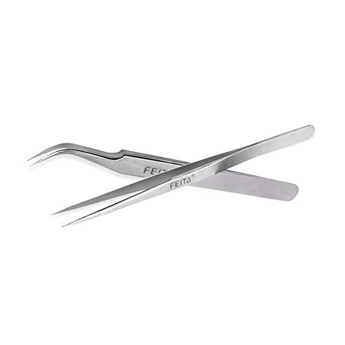 Best Eyelash Extension Tweezer Set - FEITA Pro Straight & Curved Pointy Precision Fine Tip Tweezers for Lash Extensions - Silver - 2Pcs - color: Straight & Curved Tip 2pcs