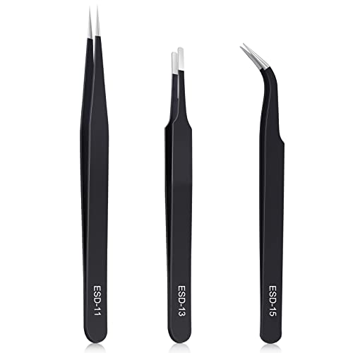 kaverme 3PCS Precision Tweezers Set, Upgraded Anti-Static Stainless Steel of Tweezers, for Electronics, Soldering, Laboratory Work, Jewelry-Making, Model, Craft - style: 3pcs