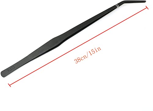 RLECS 15 inch Aquarium Tweezers Non-Slip Stainless Steel Curved Tweezer with Carbonation Protection Coating Fish Tank Cleaner Aquarium Accessories, Black