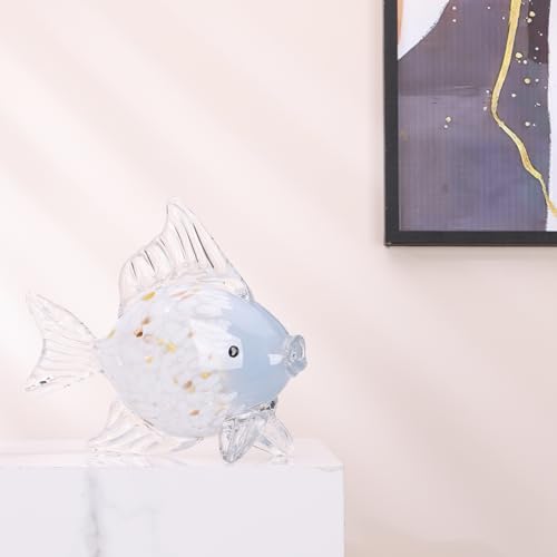 Large Hand Blown Glass Fish Figurines, Aquarium Sea Glass Art, Blue White Fish Statue Sculpture Modern Coastal Accent - for Beach Knick Knacks, Coffee Tables, Nautical Offices Centerpiece - color: Blue White