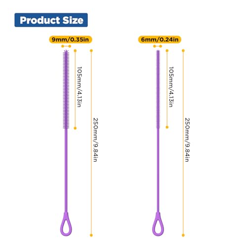 YOTIME Silicone Straw Cleaner Brush, 2Pcs Reusable Straw Brush Extra Long for Cleaning Tumbler with Handle and Glass Metal Smoothie Straws, Non-slip Handle Soft and Bendable, 6mm+9mm, Purple - color: Purple