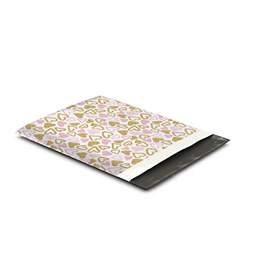 12x15 (50) Pink and Gold Hearts Valentine's Day Designer Poly Mailers Waterproof Self Sealing Tear Resistant Polymailers Large Shipping Envelopes Premium Printed Bags For Small Businesses - color: Pink and Gold Hearts, size: 12x15