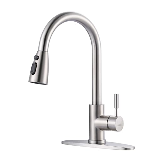 WOWOW Kitchen Faucet with Sprayer, Kitchen Sink Faucet, SUS 304 Stainless Steel, High Arc Single Handle Brushed Nickel Kitchen Faucets with Pull Down Sprayer, Pull Out Kitchen Faucet with Deck Plate - color: A: Brushed Nickel, style: Kitchen Faucet