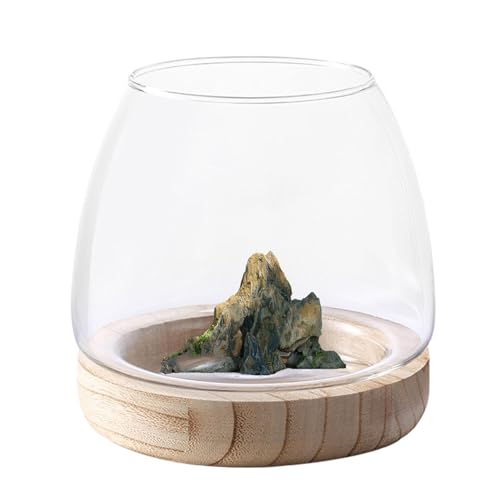 Glass Fish Bowl with Wooden Base - Clear Aquarium for Betta/Goldfish, Hydroponic Plant Vase Art Deco, Home Decor - size: 15cm