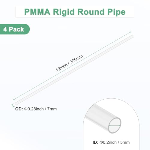 M METERXITY 4-Pack Clear Rigid Acrylic Pipe, 5mm[0.2"] ID x 7mm[0.28"] OD Plastic Round Tube for Water Cooling System/Lamps/Fountains/Aquariums/Display Stand, Acrylic Tubing [305mm/12IN] - size: 5mm ID x 7mm OD