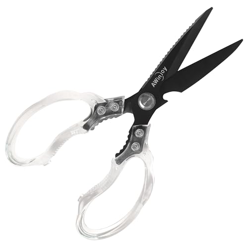 AWinjoy Kitchen Scissors, Heavy Duty Sharp Kitchen Shears, Stainless Steel & Aluminum, Transparent, Serrated Edge, Day Style, 1 Count - color: Transparent