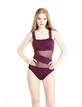 Women's Mesh Swimsuits One Piece Cutout Bathing Suits Backless Hollow Out Swimwear Sexy See Through High Cut Monokini - color: Burgundy, size: 6