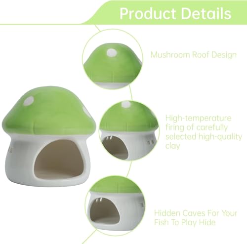 Aquarium Mushroom House Decorations, Ceramic Fish Tank Hideout Landscaping, Small Fish Hideaway Spawning Cave Decor for Shrimp Goldfish (Green) - color: Green