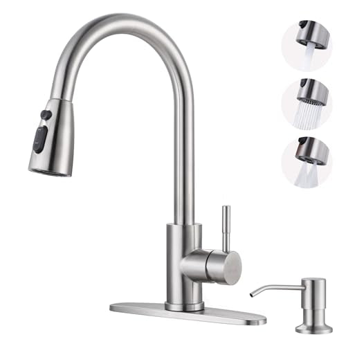 WOWOW Kitchen Faucet with Soap Dispenser: 304 Stainless Steel Kitchen Sink Faucet with Pull Down Sprayer 3 Modes, Single Handle High Arc Mixer Taps for Sink, RV, Laundry, Bar (Brushed Nickel) - color: A: Brushed Nickel, style: Kitchen Faucet with Soap Dis