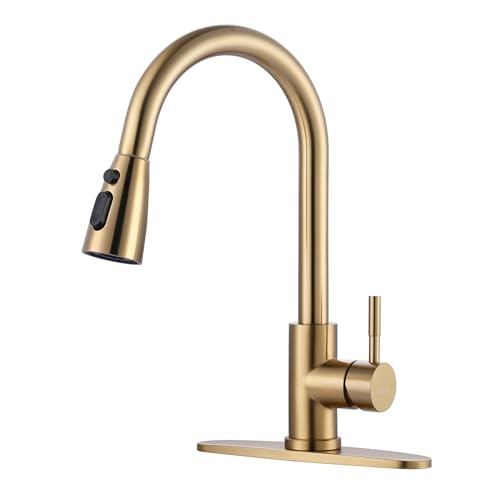WOWOW Brushed Gold Kitchen Faucet With Sprayer, Stainless Steel High Arc Single Handle Sink Faucet for 1 or 3 Hole, Luxurious Gold Utility RV Kitchen Tap - color: Gold, style: Kitchen Faucet