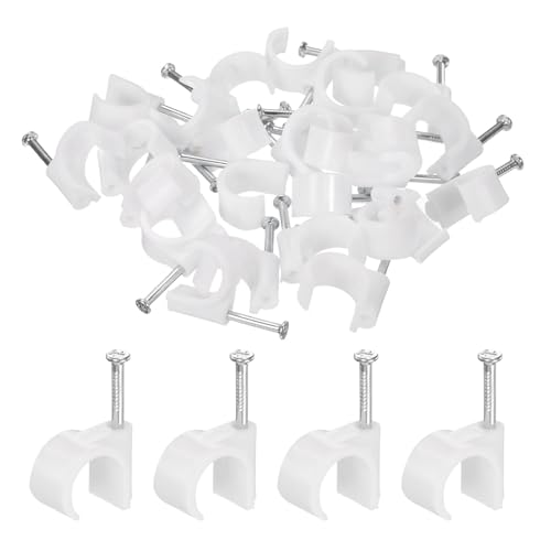 HARFINGTON 50pcs Cable Clips with Nail 16mm Circular Single Hook Half Clamp J-Hook with Nail Cord Clips for Wires on Wall for Ethernet Tacks Coax Pex Tubing Pipe Support, White - color: White, size: 16mm