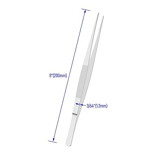 8 Inch Stainless Steel Tweezers, Straight pointed Serrated Tips, Perfectly Aligned, 3/64 Inch Thickness Stainless Steel, Multipurpose Daily Garden Home Lab Craft Repairing Tool - size: 8"L(3/64"T)