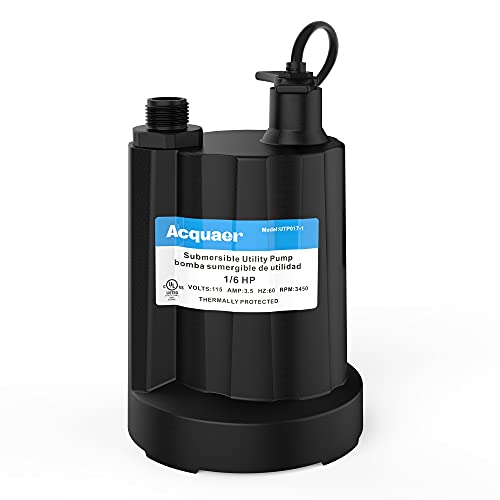 Acquaer Submersible Water Pump 1/6 HP Sump Pump Thermoplastic Utility Pump Small Electric Water Pump 1750GPH Water Remove for Basement Hot Tubs Garden Pool Cover Draining with 10 ft Cord - color: Gery