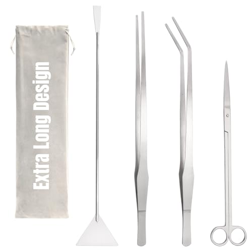 Hiceeden 4 Pcs 15 Inch Long Aquarium Aquascape Tools, Stainless Steel Aquascaping Tools Kit Include Aquarium Tweezer, Scissor, Spatula, Aquatic Plants Tool Set with Storage Pouch for Fish Tank