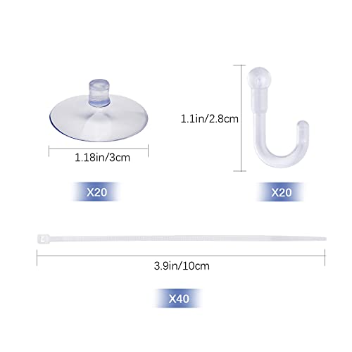 Savita 20 Pcs Aquarium Suction Cups Fish Tank Suction Hooks with Removable Hooks and 40 Adjustable Zip Ties for Aquarium Binding Moss, Plants, Shrimp Nest