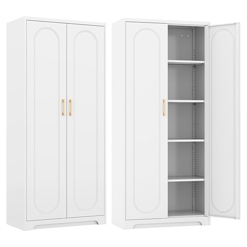 SteeLoong Kitchen Pantry Cabinet,71”Metal White Storage Cabinet with Doors and Shelves,Tall Cabinet with 2 Gold Hands for Dinning Room,Living Room - color: White, size: 71"H Arc