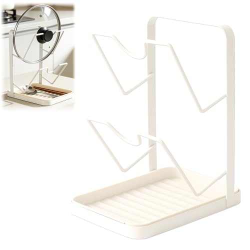 Kitchen Pot Lid Storage Rack, Pot Lid Organizer, Stainless Steel Pot Lid Holder while Cooking, Multifunctional Kitchen Pot Cover Organizer for Countertop(White) - color: White