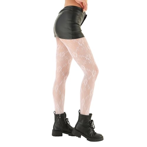 EVERSWE High Waist Fishnet Tights, Thigh High Suspender Stockings - color: Flower-a3-white, size: Large-X-Large