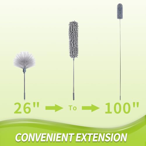 IVYROLL Cobweb Duster with Extension Pole, 100'' Microfiber & Chenille Ceiling Cleaner Kit, Reusable Feather Duster, Bendable, Washable - color: Set E: Spider Web Brush & Ceiling Duster & Chenille Duster