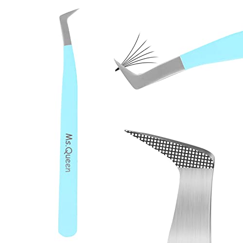Ms.Queen Volume Lash Tweezers, Fiber Grip L-Angled Tips Boot Tweezers for Mega Volume Eyelash Extensions, Blue - style: Boot Tweezers