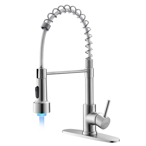 WEWE Kitchen Faucets, Brushed Nickel Kitchen Faucet with Pull Down Sprayer Spring Single Handle Stainless Steel Kitchen Sink Faucet with LED Light Deck Plate for Laundry Rv - color: Brushed Nickel, style: Modern