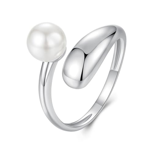 Chunky Rings for Women Statement Adjustable Pearl Ring Turquoise Spoon Ring Sunflower Dainty Open Ring Non Tarnish Unique Jewelry Gift - color: Silver Pearl