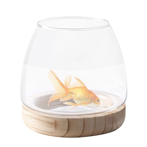 Glass Fish Bowl with Wooden Base - Clear Aquarium for Betta/Gold-Fish, Hydroponic Plant Vase, Desktop Tank, Art Deco Terrarium for Home Decor - size: 10cm