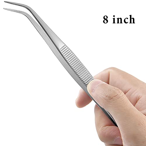 2PCS 8 Inch Stainless Steel Tweezers with Curved Serrated Tip Heavy Duty Tweezer Tongs for Cooking Crafting Repairing - size: 8 Inch