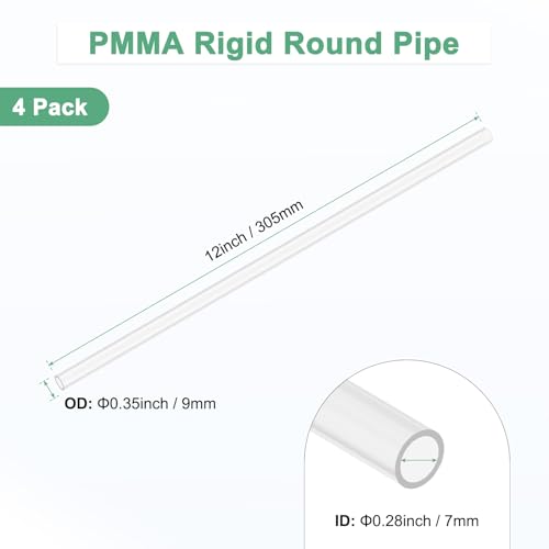 M METERXITY 4-Pack Clear Rigid Acrylic Pipe, 7mm[0.28"] ID x 9mm[0.35"] OD Plastic Round Tube for Water Cooling System/Lamps/Fountains/Aquariums/Display Stand, Acrylic Tubing [305mm/12IN] - size: 7mm ID x 9mm OD
