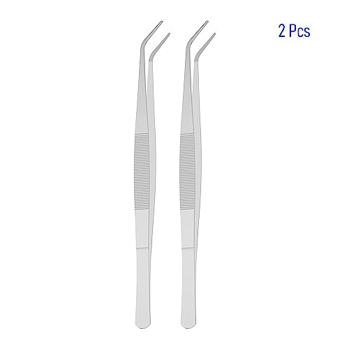 2 PCS 5 Inch Stainless Steel Tweezers with Curved Pointed Serrated Tip, Perfectly Aligned, 3/64 Inch Thickness Stainless Steel, Multipurpose Daily Garden Home Lab Craft Repairing Tool