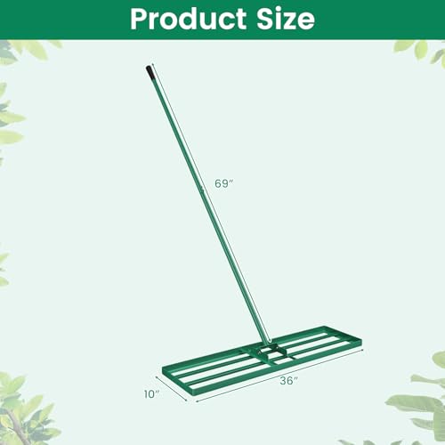 Goplus Lawn Leveling Rake, 36" x 10" Heavy Duty Level Lawn Tool w/ Ergonomic Handle for Soil, Effort-Saving Landscape Rake for Garden, Backyard, Golf Course, Farm, Pasture - style: 36" x 10", Green