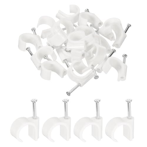 HARFINGTON 50pcs Cable Clips with Nail 20mm Circular Single Hook Half Clamp J-Hook with Nail Cord Clips for Wires on Wall for Ethernet Tacks Coax Pex Tubing Pipe Support, White - color: White, size: 20mm