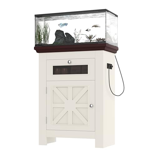 10-15 Gallon Fish Tank Stand, Farmhouse Aquarium Stand with Power Outlets, Storage Cabinet and Drawer, Wood Fish Tank Table for Reptile/Turtle/Terrarium Tank, 198LBS Capacity, Beige