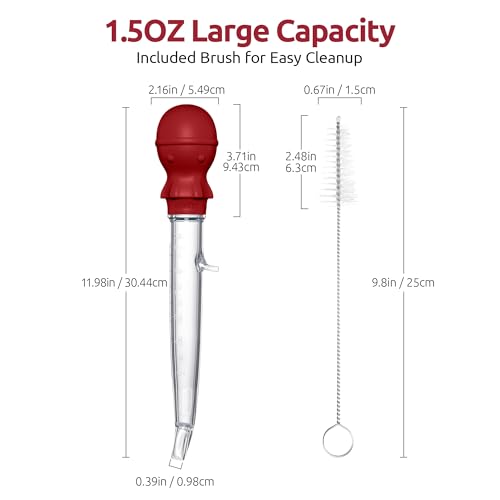 U-Taste 1.5oz Angled Turkey Baster - 228.2ºF Heat Resistant Food Grade Tritan and Silicone Large Octopus Bulb Baster Set with Cleaning Brush for Cooking Basting Meat Poultry Beef Chicken (Red) - color: Red
