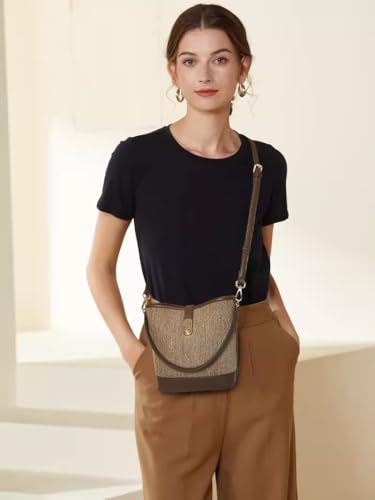 FOXLOVER Coated Canvas Bucket Crossbody Bags for Women Top-Handle Handbags Small Satchel Purse Trendy Twist Lock - color: Coffee
