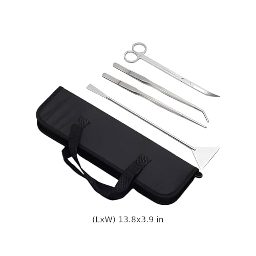 4 Pcs Aquatic Plant Tools for Aquarium, Aquascape Stainless Steel Kit, Tweezers, Scissors, Spatula with Canvas Bag, for Fish Tank Setup