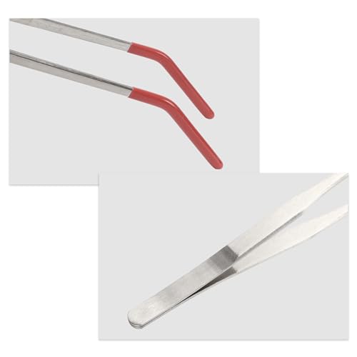 Stainless Steel Reptile Feeding Tongs, Curved Aquarium Tweezers with Rubber Tip, Terrarium Tongs for Gecko, Lizard & More, 10.63" Length, Red
