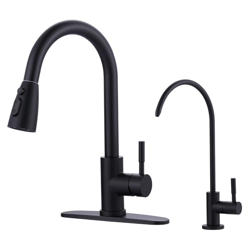 Black Kitchen Faucet and Water Filter Faucet Combo, WOWOW Stainless Steel Kitchen Sink Faucet with Drinking Water Faucet for Reverse Osmosis or Water Filtration System, Matte Black - color: B: Black, style: Kitchen Faucet & Filter Faucet