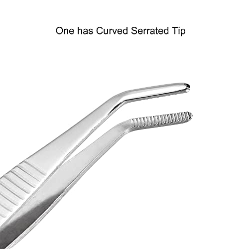 5 Inch Stainless Steel Tweezers with Straight and Curved Serrated Tip Multipurpose Forceps for Craft Repairing 2 Pack - size: 5 Inch