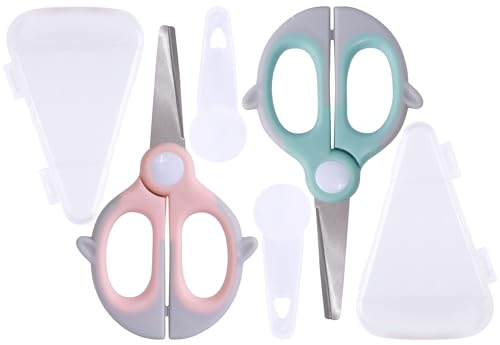 Baby Food Scissors Kicthen Shears -2Pack Portable Healthy Kids Scissors,Stainless Steel Scissor with Storage Travel Case - Ideal for Cutting Meat, Chicken, Vegetables, and Fruits (Pink+Blue)