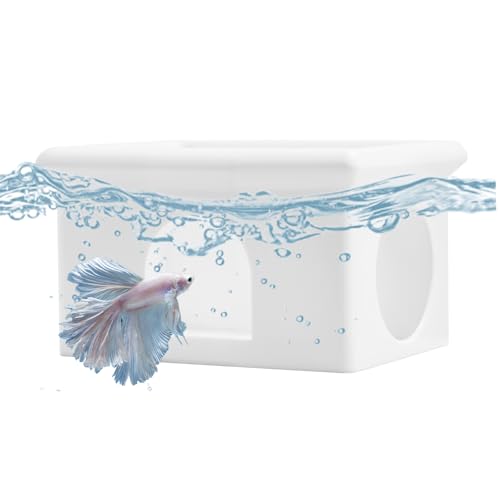 Floating Betta Fish Hammock Cave House for Aquarium, 3D Printed Betta Shrimp Feeder & Hideout Cave Toys, Small Aquarium Feeding Ring Decor, Turtle Fish Tank Decorations Accessories -White - color: Light White