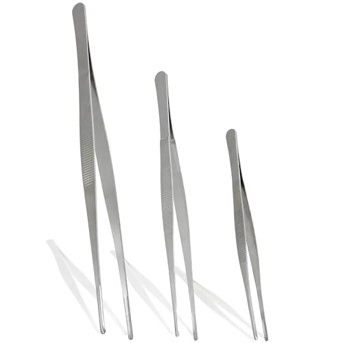 Bonsicoky 3Pcs Stainless Steel Tweezer Set (8" 10" 12"), Long Tweezers with Precision Serrated Straight Tips, Non-slip Multitool Tweezer for Cooking, Repairing, Medical, Garden - size: 8" 10" 12" (1 Set)