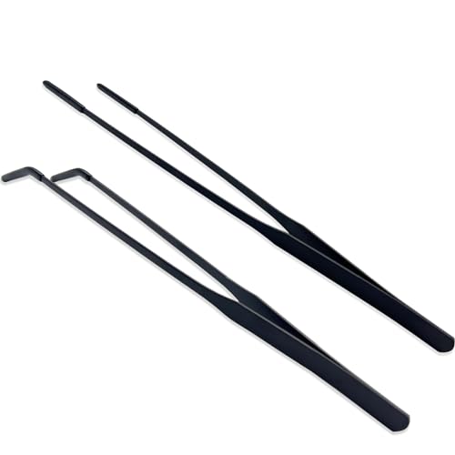Stainless Steel Straight and Curved Tweezers Aquarium Tweezers with Rubber Tips Long Handle Reptile Feeding Tongs for Fish Tank Aquatic Plants, 2pcs, 10.6 Inch, Black